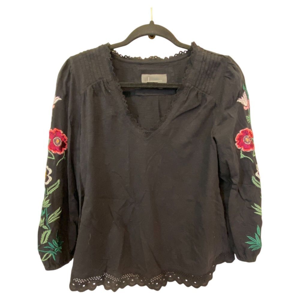 Anthropologie‎ Blouse Womens XS Black V-Neck Floral Embroidered Long Sleeve